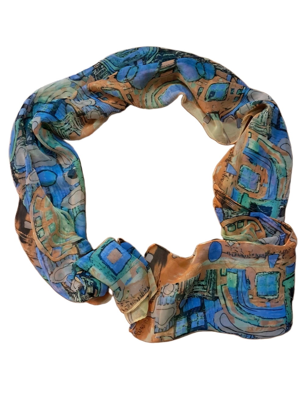 Art To Wear Sheer Oblong Scarf Abstract Cubist Graphic Print Blue Orange Green